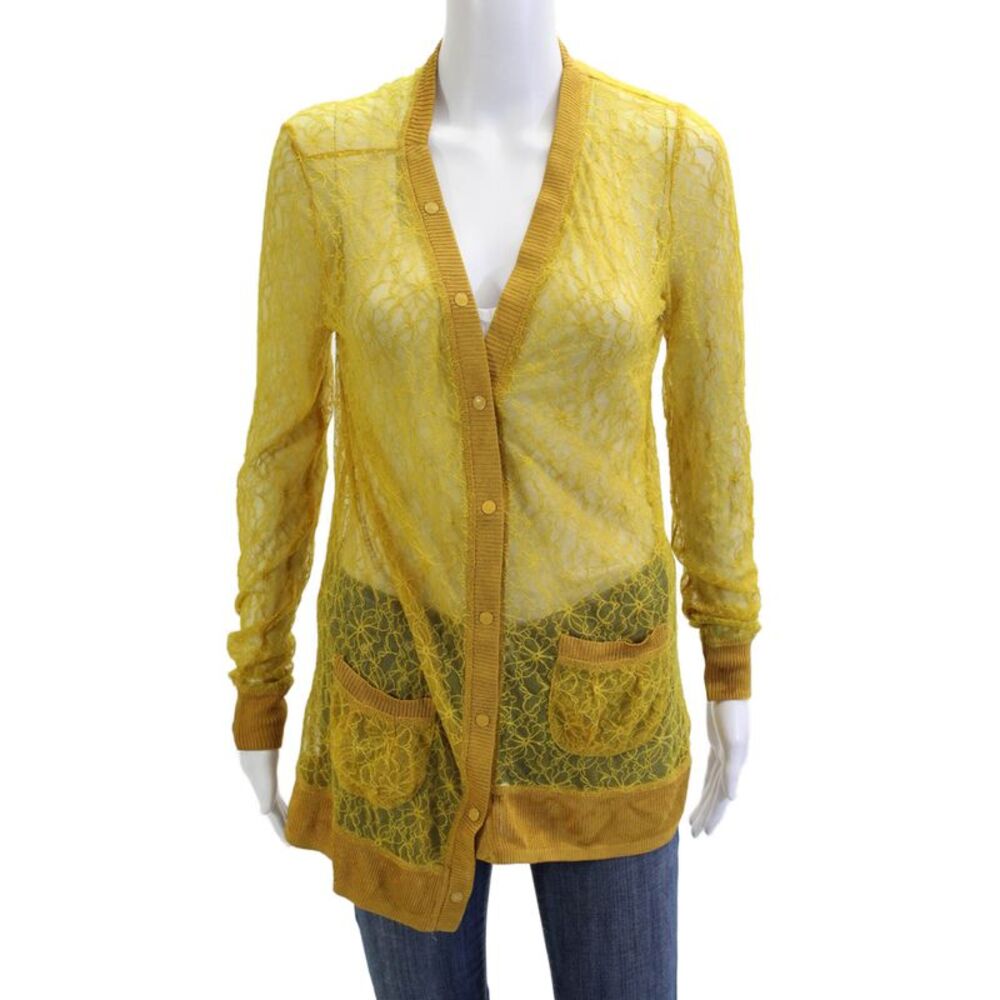 Rodarte Womens Cardigan VNeck Yellow Floral Button Nylon Long Sleeve Size L